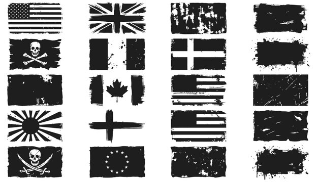 Set of distressed grunge flag silhouettes, including various national flags, a pirate flag, and a blank distressed rectangle