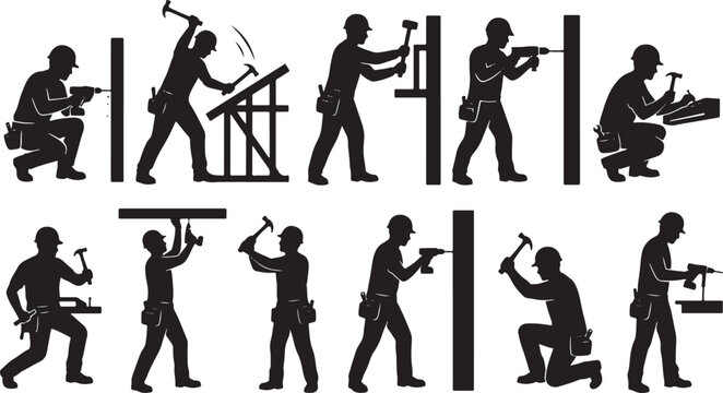 Professional carpenter and construction worker silhouette collection set, builders using hammers and drills on site, industrial maintenance renovation expert icons.