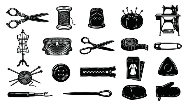 Sewing supplies silhouette, collection of crafting and tailoring tools, including scissors, thimbles, buttons, sewing machine, measuring tape, and thread spools