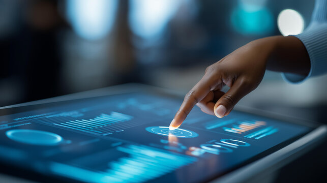 Hand interacting with a digital data display on a glowing screen, technology interface concept, data visualization photography, with copy space