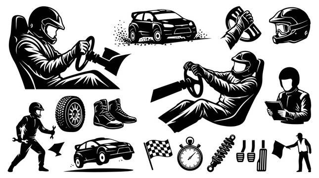 Automotive Racing Motorsport Vector Illustration Set: Driver, Car, Helmet, Mechanic  Pit Crew Elements