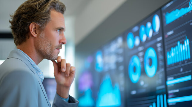 Businessman reviewing financial reports on large digital screens showing data analytics in a tech office, determined professional concept, with copy space