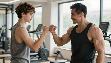 Naklejka premium Father and Son Fist Bump in Home Gym: Dad's Greatest Moments