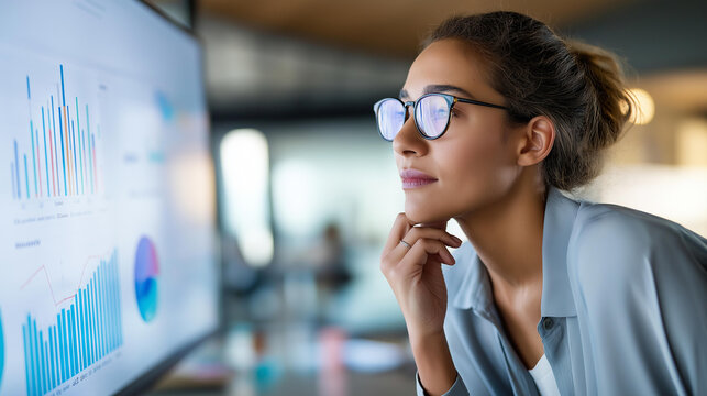 Female cloud computing specialist examining data on a large digital screen in a modern office, professional analytics concept, with copy space