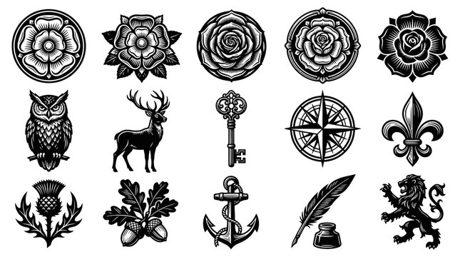Monochrome Engraving Style Vector Set of Heraldic, Nature, and Traditional Symbols for Heritage  Design