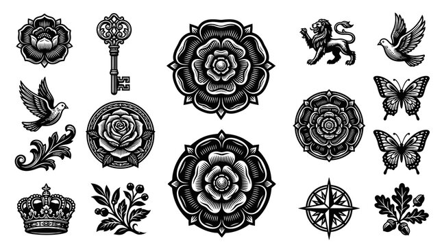Black and white vintage engraving style design elements. Decorative collection with rose, crown, key, lion, dove, butterfly, compass, and oak leaf icons.