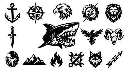 Obraz premium Black and White Vector Icons of Powerful Animals, Weapon, and Nautical Symbols for Emblem Design