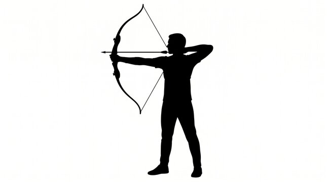 Silhouette Of A Professional Male Archer Aiming With A Longbow And Arrow Isolated On Pure White Background