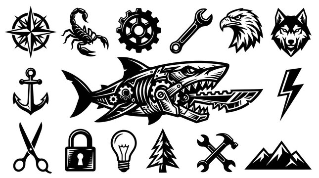 Steampunk Shark Mechanical Design Black and White Vector Art with Industrial Icons