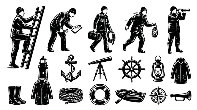 Vintage Nautical Icons: Sailor, Lighthouse, Anchor, Telescope, Compass, Boat, Ship Wheel, Boots, Lantern, Jacket