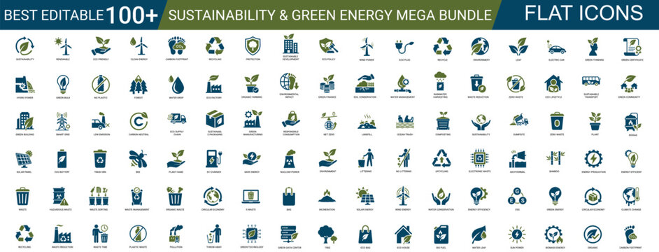 Sustainability and ESG Solid Icon Set. Renewable Energy, Carbon Footprint, Net Zero, Green Tech, Ecology, Climate Policy. Editable Vector illustration Pack.