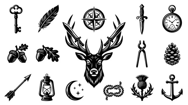 Vintage Adventure and Nature Vector Icons Set - Retro Black  White Outline Emblems for Outdoor Exploration and Travel Design
