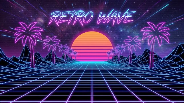 Embrace the Neon Glow A Vibrant 80s Retro Wave Sunset Landscape with Palm Trees and a Grid Horizon