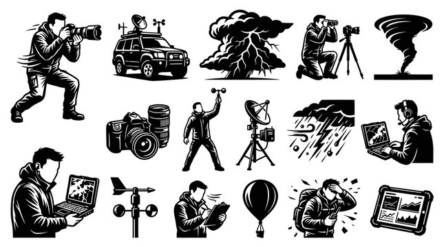 Monochrome Weather Forecasting and Photojournalism Vector Icons Set. Black and White Line Art Illustrations of Meteorology, Storm Chasing, and Reporting Equipment.
