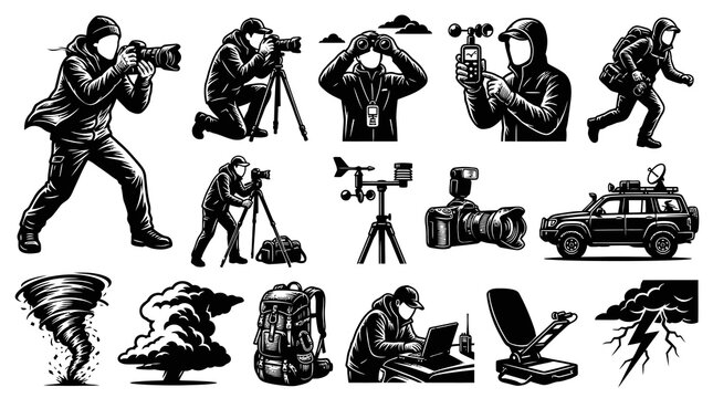 Meteorology and Storm Chasing Vector Illustrations: Photographers, Weather Gear, and Extreme Weather Phenomena in Black  White Line Art