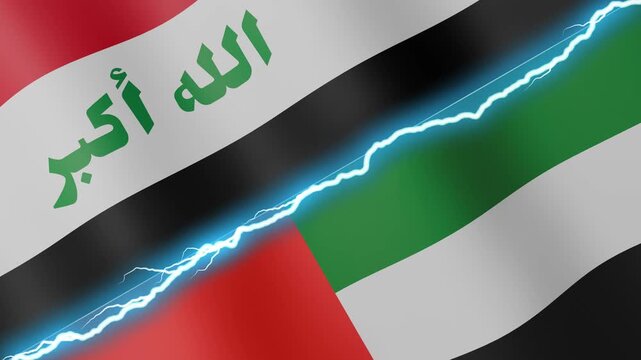 Two waving flags Iraq and United Arab Emirates with diagonal lightning seamless, 4k loop