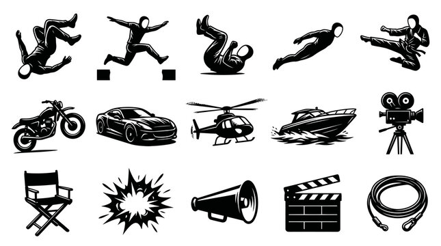 Black  White Vector Silhouette Icon Set: Action, Stunt, Film, and Entertainment Production with Performers, Vehicles, and Movie Equipment