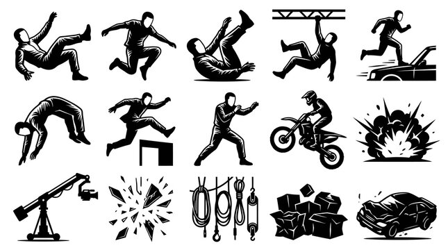 Action and Stunt Elements Black  White Glyph Vector Icon Set for Film, Adventure, and Danger Themes, including Parkour, Explosions, Crashes