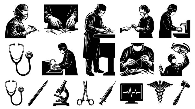 Medical Surgery Illustrations - Surgeons, Instruments, Stethoscope, Caduceus in Black and White Line Art