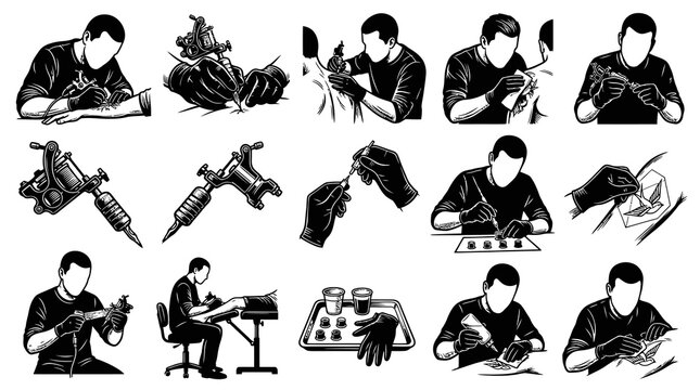 Tattoo Artist at Work Collection: BW Line Art, Equipment and Process Illustrations