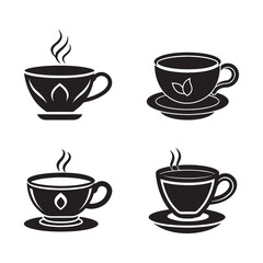 Obraz premium Blackandwhite illustration of four different coffee cups with saucers and steam rising from them on white background