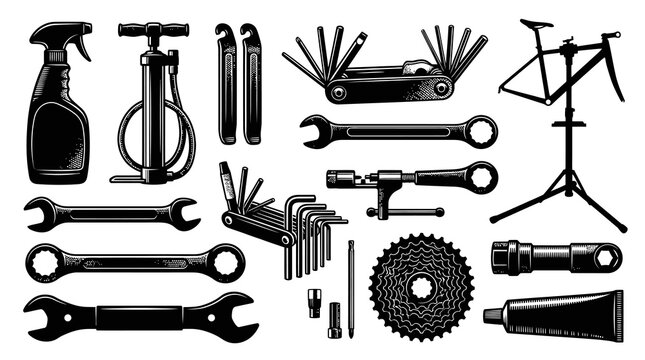 Bicycle Maintenance Tools  Equipment Vector Set in Vintage Engraving Black and White Line Art Style