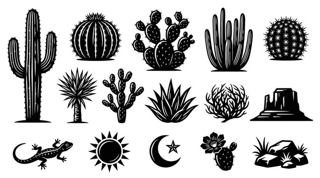 Desert Landscape Icons: Cacti, Lizard, Sun, Moon, Rocks  Mesa - Black  White Vector Art