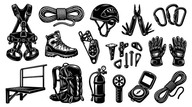 Black and White Line Art Vector of Rock Climbing and Mountaineering Gear