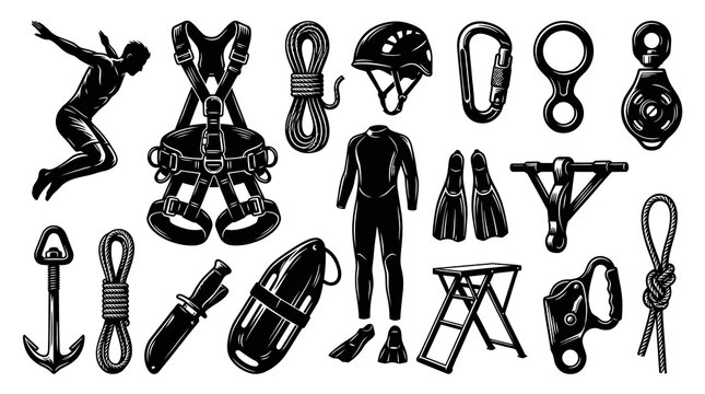 Adventure Sports Equipment  Gear Set: Vintage Engraved Black  White Icons for Climbing, Diving, and Rescue Activities