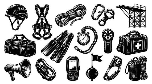 Adventure Sports and Outdoor Gear Set in Vintage Engraving Style. Black and White Line Art Collection of Climbing, Diving, and Rescue Equipment Icons.