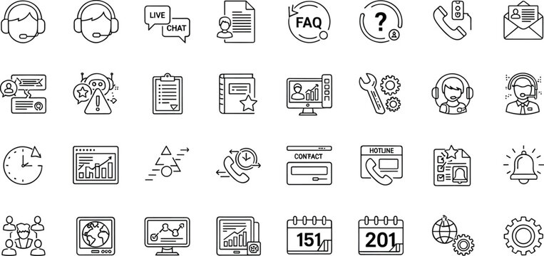 Customer support communication helpdesk outline icon set including hotline FAQ contact analytics vector line icon collection