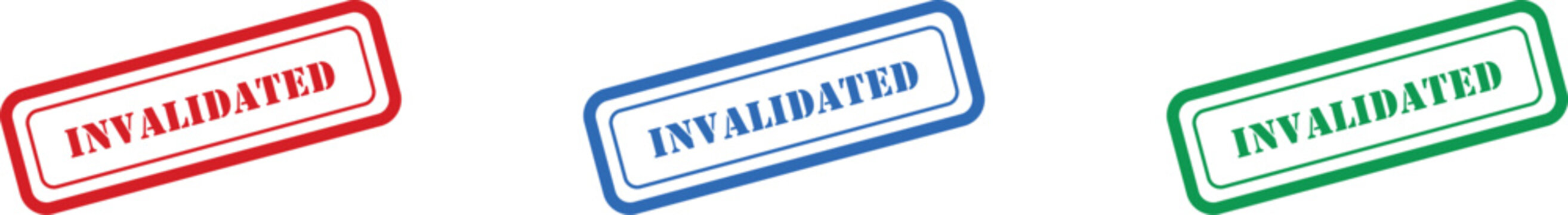 Three colored rubber stamp icons with the word INVALIDATED for various document statuses and official processes
