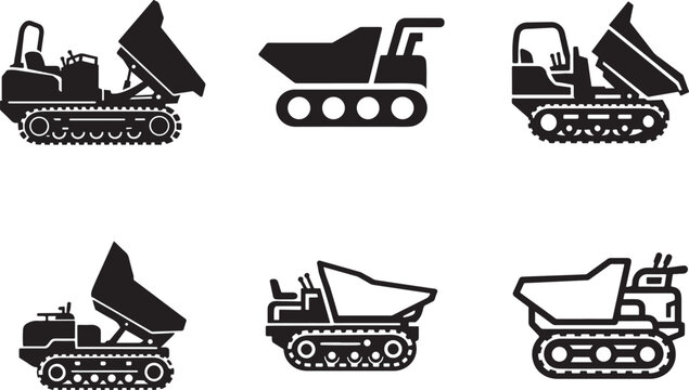 Heavy duty tracked mini dumper icon set for construction and industrial equipment vector design.