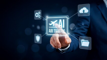 Naklejka premium AI Air Traffic Management, innovative digital interface for aviation technology. Business person interacting with holographic display, cloud computing and data security for smart transportation.