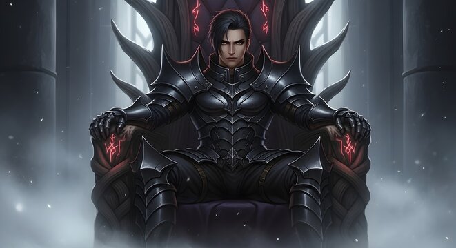 Dark Fantasy King in Gothic Armor on Ornate Throne, Medieval Ruler of Shadow Realm