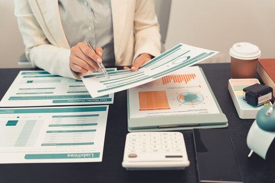 Business professionals are discussing charts and graphs that display successful results in order to analyze financial reports, plan strategies, and improve efficiency.