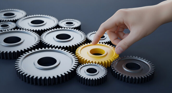 Gear cogs selection with hand placing a yellow gear among silver mechanical wheels for teamwork and automation concept