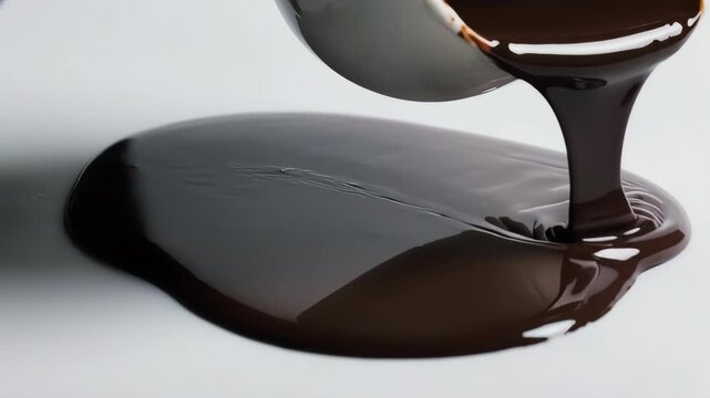 Liquid chocolate is poured onto a white flat surface for advertising