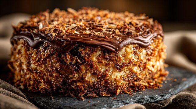German chocolate cake captured in a wide-angle perspective exaggerating depth and scale, foreground elements slightly distorted