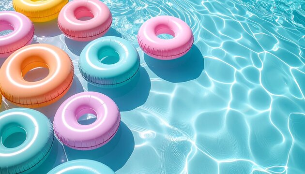 真夏のプールに浮かぶたくさんのカラフルな浮き輪のイメージ画像