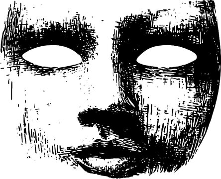 High contrast ink mask face with empty eye sockets for eerie poster and background design featuring grungy texture and distressed brush strokes