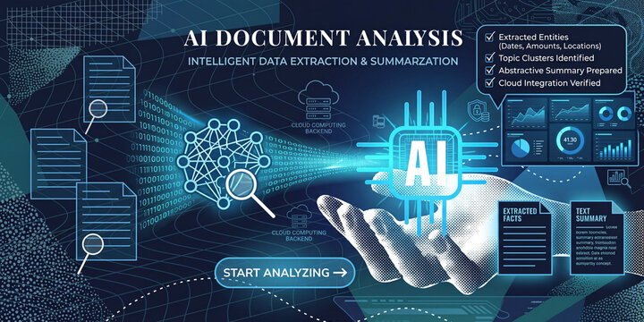 Infographic for AI document analysis and intelligent data extraction with text summarization conceptual illustration