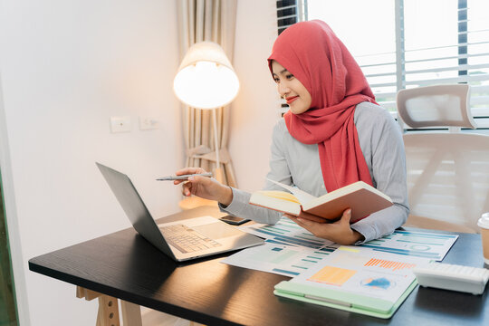 A Muslim businesswoman is working with financial graphs and a computer, remotely from a modern office.