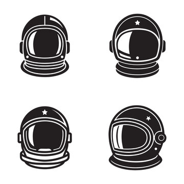 Four black and white astronaut helmets with stars and different visor positions  space helmets with white outlines on a white background
