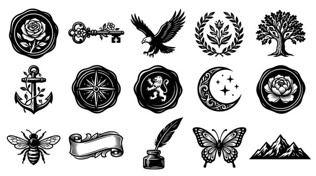 Black and white vector icons: rose, key, eagle, tree, anchor, compass, moon, lion, flower, bee, banner, feather, butterfly, mountains