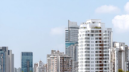 Fototapeta premium Modern Urban Skyline with Diverse Architectures Against Clear Blue Sky in City Setting