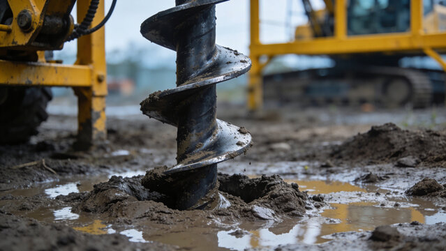 Industrial Auger Drill Bit Penetrating Muddy Ground at Construction Site, Heavy Machinery Excavation Equipment in Wet Soil, Geotechnical Engineering and Foundation Work Background