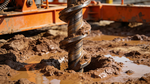 Industrial Auger Drill Bit Penetrating Muddy Ground at Construction Site, Heavy Machinery Excavation Equipment in Wet Soil, Geotechnical Engineering and Foundation Work Background