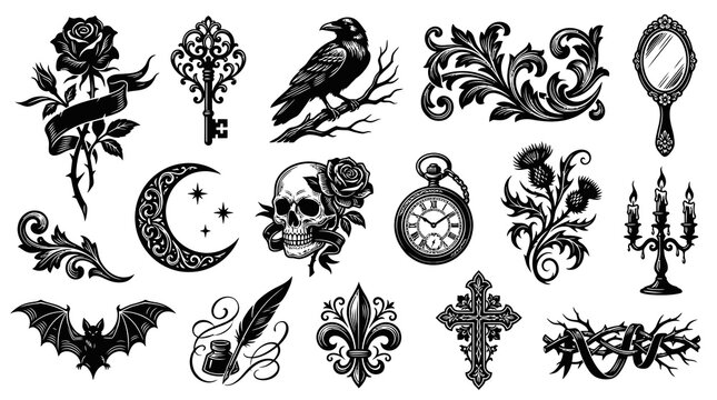 Gothic Tattoo Designs: Raven, Skull, Rose, Moon, Key, Mirror, Clock, Cross, Bat