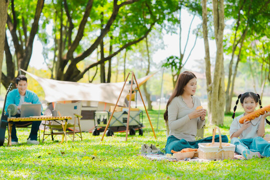 A family of three from Asia enjoyed using their laptops in the park and also enjoyed a picnic together in the park.